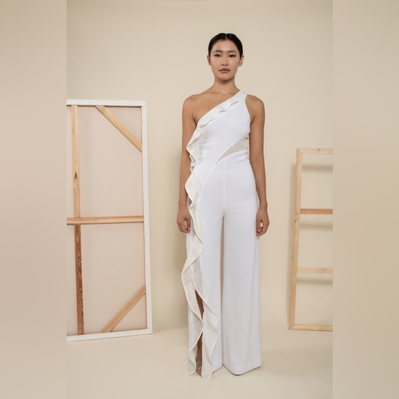 Jonathan Simkhai Diamond Mesh One Shoulder Jumpsuit in White Size 10 - Picture 8 of 16